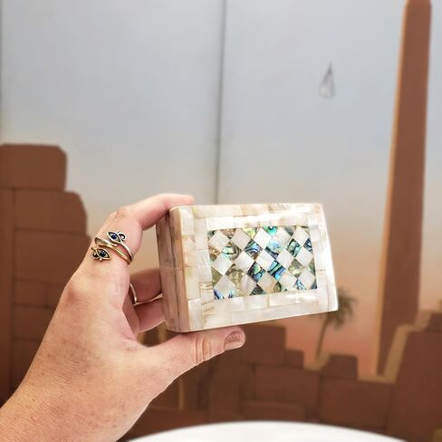 Egyptian Wooden Jewelry Box with Mother of Pearl Inlaid - White Rectangle Unique Gift Container - Arabesque Pattern Design - Velvet Lined - Made in Egypt in Saudi Arabia