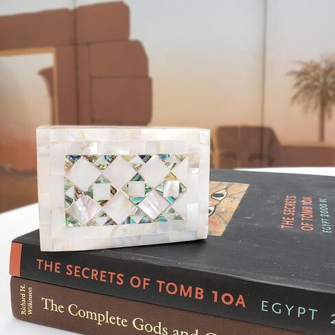 Egyptian Wooden Jewelry Box with Mother of Pearl Inlaid - White Rectangle Unique Gift Container - Arabesque Pattern Design - Velvet Lined - Made in Egypt in Saudi Arabia