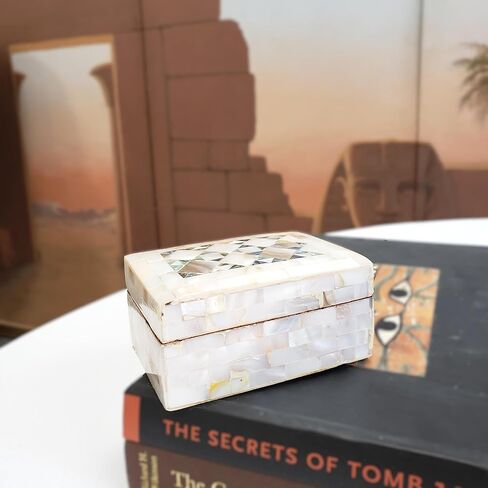 Egyptian Wooden Jewelry Box with Mother of Pearl Inlaid - White Rectangle Unique Gift Container - Arabesque Pattern Design - Velvet Lined - Made in Egypt in Saudi Arabia