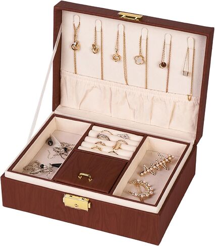 Jewelry Box Organizer for Women Girls Gift, 2 Layer Large Jewelry Storage Case, Vintage Wood PU Leather Display Jewellery Holder with Removable Tray for Necklace (Black walnut wood grain) in Saudi Arabia