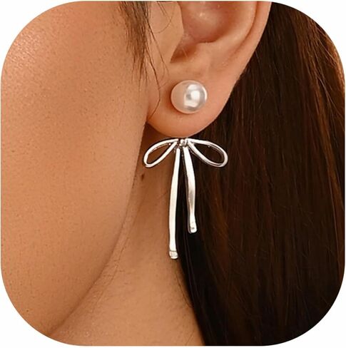 Bow Earrings for Women, Long Tassel Chain Drop Earrings, Trendy Small Bow Earrings, Ribbon Waterfall Dangling Earring, Pearl Earrings Long Dangle Hoop in Saudi Arabia
