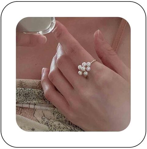 Bohemian Pearl Cluster Open Ring Gold Pearl Wrap Ring Adjustable Pearl Bead Open Ring Pearl Bead Finger Rings Stacking Pearl Cuff Ring Jewelry for Women in Saudi Arabia