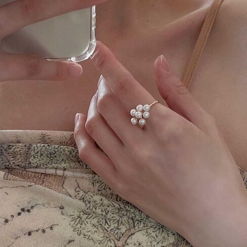 Bohemian Pearl Cluster Open Ring Gold Pearl Wrap Ring Adjustable Pearl Bead Open Ring Pearl Bead Finger Rings Stacking Pearl Cuff Ring Jewelry for Women in Saudi Arabia