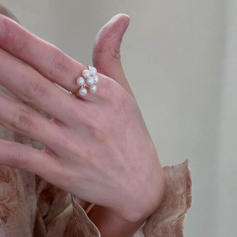 Bohemian Pearl Cluster Open Ring Gold Pearl Wrap Ring Adjustable Pearl Bead Open Ring Pearl Bead Finger Rings Stacking Pearl Cuff Ring Jewelry for Women in Saudi Arabia