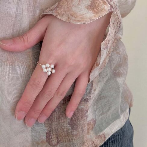 Bohemian Pearl Cluster Open Ring Gold Pearl Wrap Ring Adjustable Pearl Bead Open Ring Pearl Bead Finger Rings Stacking Pearl Cuff Ring Jewelry for Women in Saudi Arabia