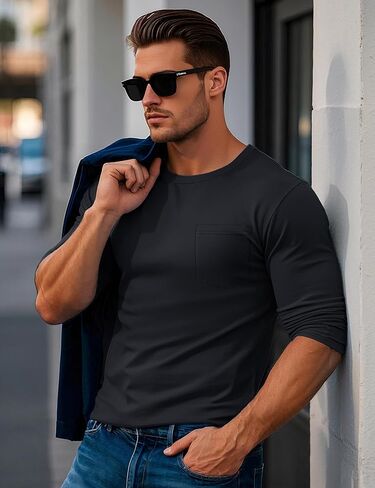 Men’s Long Sleeve Shirt Lightweight Cotton Crew Neck Shirts with Pocket Casual Moisture Wicking T-Shirt in Saudi Arabia