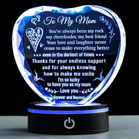Birthday Gifts for Mom, Christmas Keepsake from Daughter Son Kids, Heart Crystal with Colorful Light Base, Ideal for Christmas in Saudi Arabia
