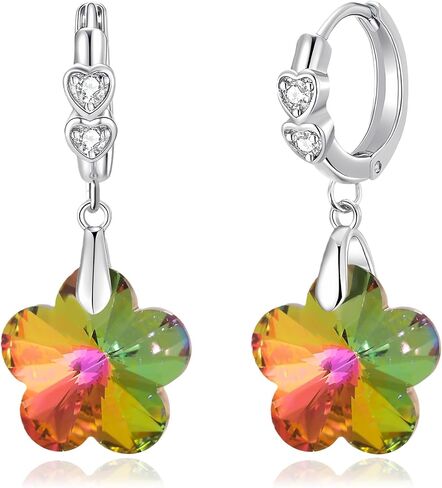 EVEVIC Trendy Austrian Crystal Flower Drop Leverback Earrings for Women 14k White Gold Plated Huggie Earring Hypoallergenic Jewelry Gift in Saudi Arabia