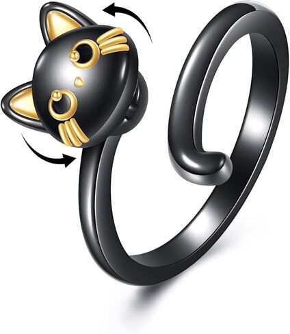 URONE Cat Anxiety Ring Sterling Silver Black Cat Adjustable Open Ring Animal Jewelry Gifts for Women in Saudi Arabia