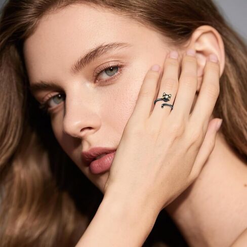 URONE Cat Anxiety Ring Sterling Silver Black Cat Adjustable Open Ring Animal Jewelry Gifts for Women in Saudi Arabia
