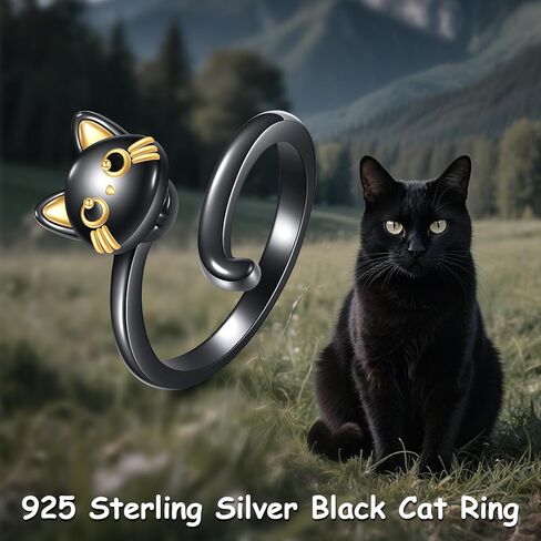 URONE Cat Anxiety Ring Sterling Silver Black Cat Adjustable Open Ring Animal Jewelry Gifts for Women in Saudi Arabia