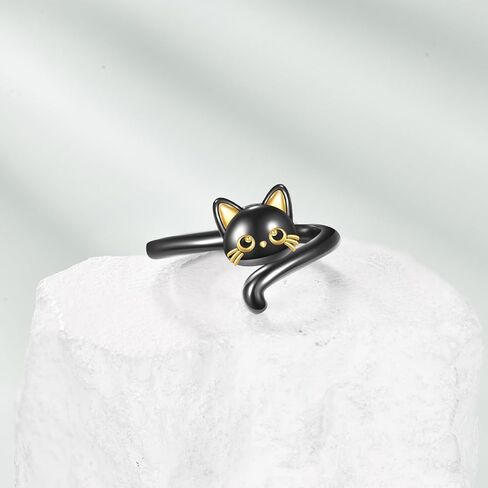 URONE Cat Anxiety Ring Sterling Silver Black Cat Adjustable Open Ring Animal Jewelry Gifts for Women in Saudi Arabia
