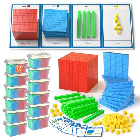 Math Manipulatives for Kids Aged 3+.Base Ten Blocks with Place Value Chart - Plastic Math Cubes&Cards to Help Educate Kindergarten Teachers. in Saudi Arabia