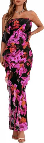 BTFBM Spring Dresses for Women 2026 Strapless Maxi Ruched Bodycon Floral Ruffle Cocktail Formal Wedding Guest Dress in Saudi Arabia