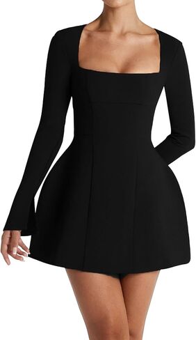 SHESEEWORLD Women's Fashional Long Sleeve Square Neck Flared Hem Mini Dress A-Line Bodycon Party Dress in Saudi Arabia