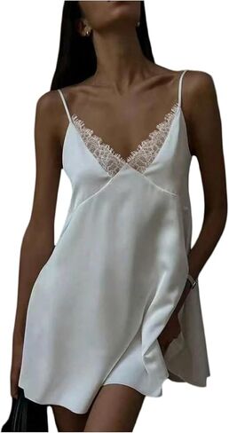 WDIRARA Women's Lace Trim V Neck Satin Dress Spaghetti Strap Tie Backless Mini Dresses in Saudi Arabia