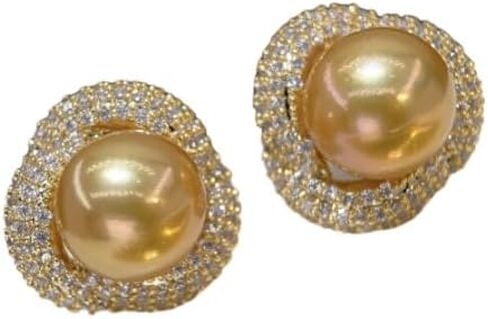 Luxury Golden South Sea Pearl Stud Earrings, 9-10MM AAAA Grade with Crystal Rhinestone Double Halo Setting, Push Back Closure S925 Silver Needle in Saudi Arabia