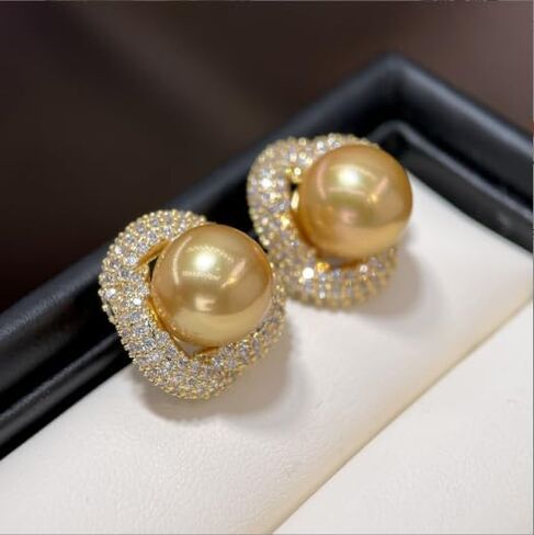 Luxury Golden South Sea Pearl Stud Earrings, 9-10MM AAAA Grade with Crystal Rhinestone Double Halo Setting, Push Back Closure S925 Silver Needle in Saudi Arabia