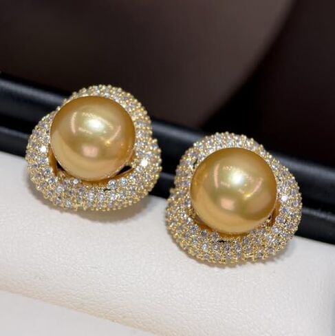 Luxury Golden South Sea Pearl Stud Earrings, 9-10MM AAAA Grade with Crystal Rhinestone Double Halo Setting, Push Back Closure S925 Silver Needle in Saudi Arabia