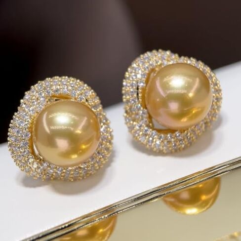 Luxury Golden South Sea Pearl Stud Earrings, 9-10MM AAAA Grade with Crystal Rhinestone Double Halo Setting, Push Back Closure S925 Silver Needle in Saudi Arabia