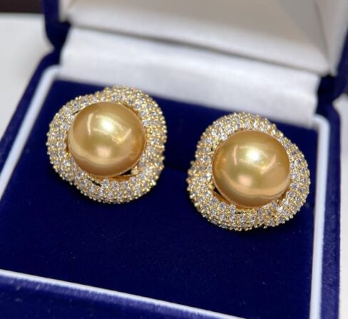 Luxury Golden South Sea Pearl Stud Earrings, 9-10MM AAAA Grade with Crystal Rhinestone Double Halo Setting, Push Back Closure S925 Silver Needle in Saudi Arabia