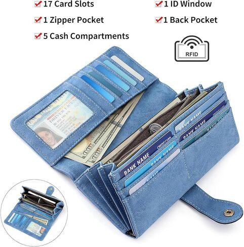 محفظة جلدية أصلية طويلة ثنائية الطي للنساء ذات سعة كبيرة وجيب بسحاب لحماية RFID (أزرق) in Kuwait
