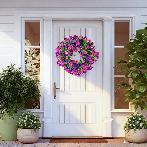20 Inch Spring Summer Wreaths for Front Door, Artificial Fake Flowers Silk Floral Wreaths with Faux Plants Green Eucalyptus Leaves for Outdoors Farmhouse Wall Wedding (Dark Purple Light Purple, 20") in Saudi Arabia