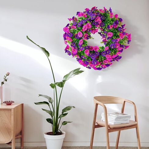 20 Inch Spring Summer Wreaths for Front Door, Artificial Fake Flowers Silk Floral Wreaths with Faux Plants Green Eucalyptus Leaves for Outdoors Farmhouse Wall Wedding (Dark Purple Light Purple, 20") in Saudi Arabia