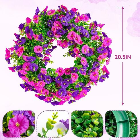20 Inch Spring Summer Wreaths for Front Door, Artificial Fake Flowers Silk Floral Wreaths with Faux Plants Green Eucalyptus Leaves for Outdoors Farmhouse Wall Wedding (Dark Purple Light Purple, 20") in Saudi Arabia