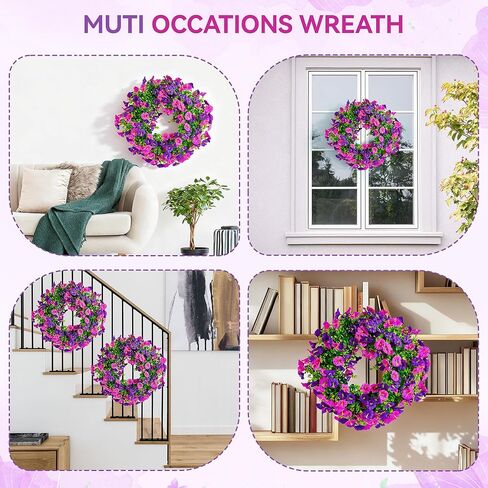 20 Inch Spring Summer Wreaths for Front Door, Artificial Fake Flowers Silk Floral Wreaths with Faux Plants Green Eucalyptus Leaves for Outdoors Farmhouse Wall Wedding (Dark Purple Light Purple, 20") in Saudi Arabia