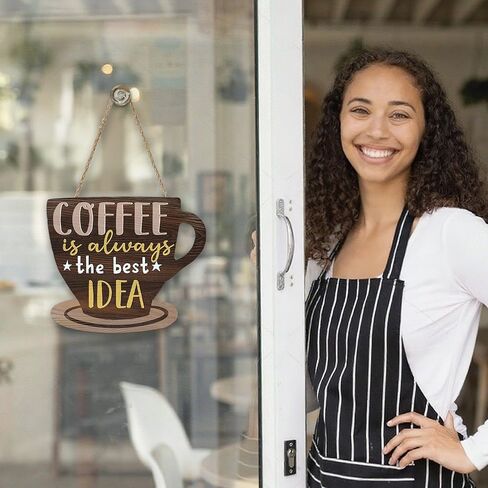 القهوة هي دائمًا أفضل فكرة لافتة الباب الأمامي، شماعة خشبية لمنزل المزرعة، ديكور المطبخ المنزلي، إكليل خشبي ريفي، جدار داخلي للتعليق في المكتب، مقهى، متجر الديكور in Kuwait