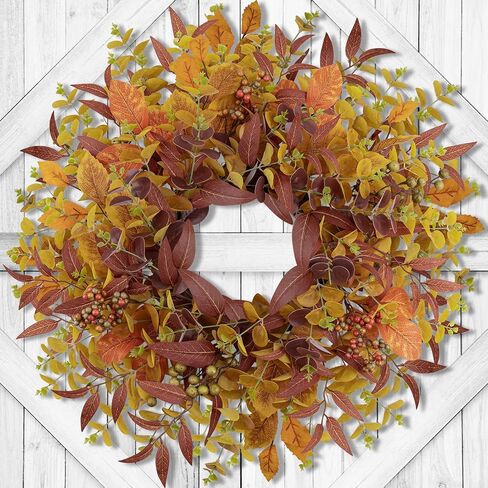 Fall Wreaths for Front Door 24 Inch Large Artificial Autumn Wreath with Eucalyptus Leaves Harvest Thanksgiving Indoor Outdoor Decor Porch Window Wall Farmhouse Rustic Hanging Door Decorations in Saudi Arabia