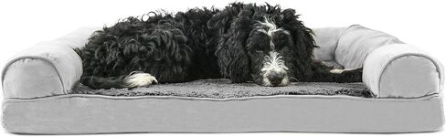 Furhaven Orthopedic Dog Bed for Large/Medium Dogs w/ Removable Bolsters & Washable Cover, For Dogs Up to 55 lbs - Sherpa & Chenille Sofa - Cream, Large in Kuwait