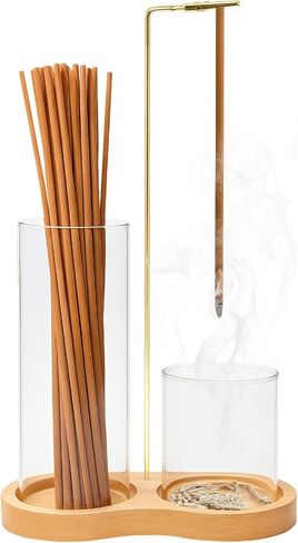 Glass Incense Holder, 2 in 1 Incense Holder for Sticks, Anti-Ash Flying Incense Burne with Ash Catcher Incense Sticks Organizer Wood Glass Incenses Stick Holder for Meditation Yoga Home Decor in Saudi Arabia