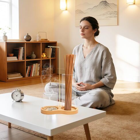 Glass Incense Holder, 2 in 1 Incense Holder for Sticks, Anti-Ash Flying Incense Burne with Ash Catcher Incense Sticks Organizer Wood Glass Incenses Stick Holder for Meditation Yoga Home Decor in Saudi Arabia