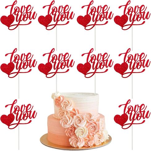 أغطية كعكة عيد الحب "Happy Valentine's Day" Cupcake Topper Red Glitter Cake Decoration for Party 10pcs in Kuwait