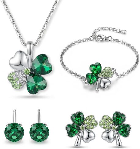 St. Patrick's Day Shamrock Earrings Set Green Four Leaf Clover Necklace for Women Lucky Bracelet Crystal Silver Plated Rhinestone Wedding Party Saint Patrick’s Day Accessories Outfit Gift in Saudi Arabia