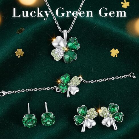 St. Patrick's Day Shamrock Earrings Set Green Four Leaf Clover Necklace for Women Lucky Bracelet Crystal Silver Plated Rhinestone Wedding Party Saint Patrick’s Day Accessories Outfit Gift in Saudi Arabia