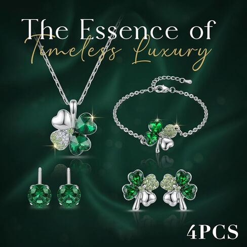St. Patrick's Day Shamrock Earrings Set Green Four Leaf Clover Necklace for Women Lucky Bracelet Crystal Silver Plated Rhinestone Wedding Party Saint Patrick’s Day Accessories Outfit Gift in Saudi Arabia