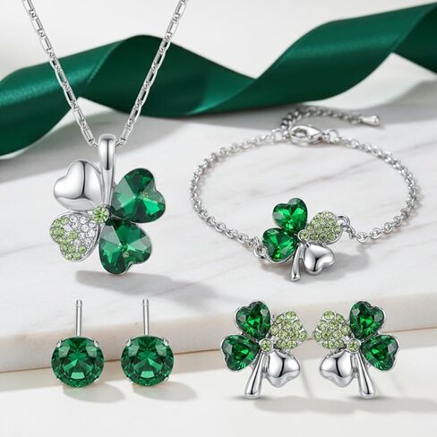 St. Patrick's Day Shamrock Earrings Set Green Four Leaf Clover Necklace for Women Lucky Bracelet Crystal Silver Plated Rhinestone Wedding Party Saint Patrick’s Day Accessories Outfit Gift in Saudi Arabia