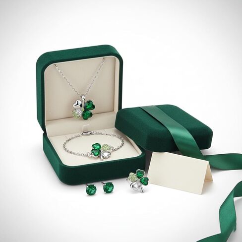 St. Patrick's Day Shamrock Earrings Set Green Four Leaf Clover Necklace for Women Lucky Bracelet Crystal Silver Plated Rhinestone Wedding Party Saint Patrick’s Day Accessories Outfit Gift in Saudi Arabia
