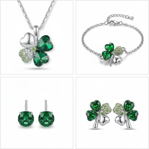 St. Patrick's Day Shamrock Earrings Set Green Four Leaf Clover Necklace for Women Lucky Bracelet Crystal Silver Plated Rhinestone Wedding Party Saint Patrick’s Day Accessories Outfit Gift in Saudi Arabia