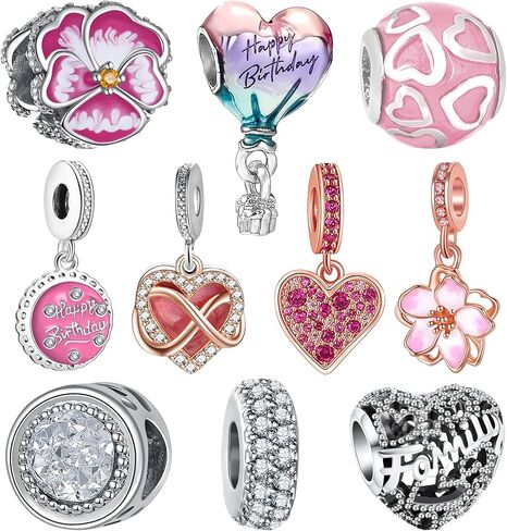 10 Pack Silver Bead Charms for Pandora Bracelets and Necklaces Charm for Woman Cubic Zirconias Dangle Pendant Jewelry Beads Set Heart Firefly Butterfly in Kuwait