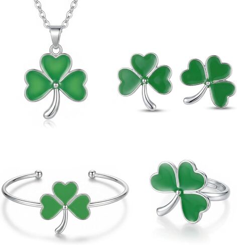 St. Patrick's Day Shamrock Earrings Set Green Four Leaf Clover Necklace for Women Lucky Bracelet Crystal Silver Plated Rhinestone Wedding Party Saint Patrick’s Day Accessories Outfit Gift in Saudi Arabia