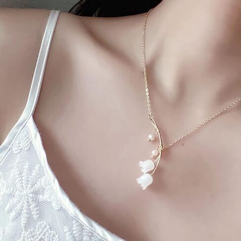 Lily of the Valley Necklace Lily Flower Pearl Pendant Floral Charm Chain Necklace Jewely in Saudi Arabia