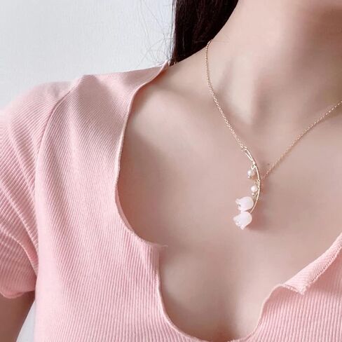 Lily of the Valley Necklace Lily Flower Pearl Pendant Floral Charm Chain Necklace Jewely in Saudi Arabia