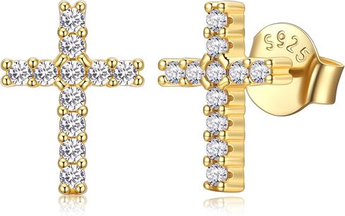 14K Gold Plated Cross Stud Earrings 925 Solid Sterling Silver 5A Cubic Zirconia Religious Small Earrings Hypoallergenic for Daily Birthday Christmas Valentine's Day Gifts for Her(White/14K Gold) in Saudi Arabia