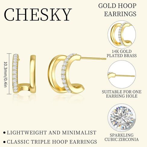 CHESKY 14K مطلية بالذهب ثلاثية الوهم Huggie أقراط، العصرية مزدوجة Huggie هوب الأقراط لثقب واحد، أقراط مخلب الذهب لذيذ للنساء لطيف هدية المجوهرات اليومية in Kuwait