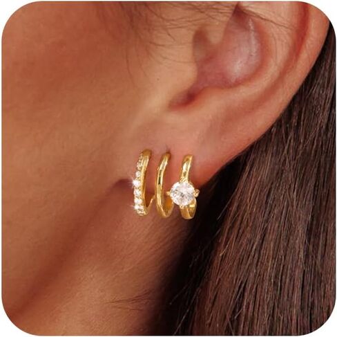 CHESKY 14K مطلية بالذهب ثلاثية الوهم Huggie أقراط، العصرية مزدوجة Huggie هوب الأقراط لثقب واحد، أقراط مخلب الذهب لذيذ للنساء لطيف هدية المجوهرات اليومية in Kuwait