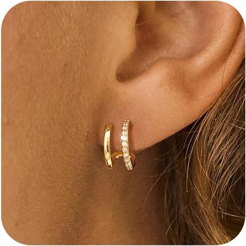 CHESKY 14K مطلية بالذهب ثلاثية الوهم Huggie أقراط، العصرية مزدوجة Huggie هوب الأقراط لثقب واحد، أقراط مخلب الذهب لذيذ للنساء لطيف هدية المجوهرات اليومية in Kuwait